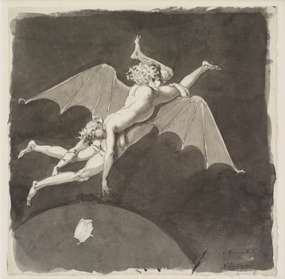 Katharina die Große, nackt, fliegt von der Erde auf dem Rücken eines Mannes mit Fledermausflügeln, 18. Jahrhundert von Nicolai Abraham Abildgaard