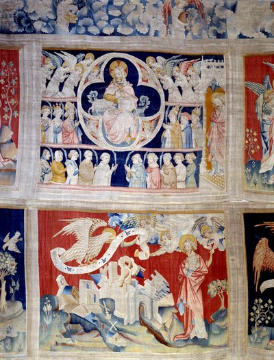 Vorhang der Offenbarung (1373-1383), Nr. 13: Gott und das Lamm, Symbol Christi. Unten, Nr. 20, die drei Engel befreien die Mächte. Tapisserie von Nicolas Bataille von Nicolas Bataille