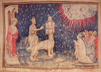 Das Tier der Erde lässt Feuer vom Himmel fallen, aus dem Apokalypse-Wandteppich von Angers von Nicolas Bataille