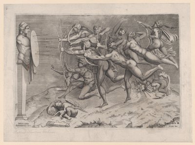 Nackte Bogenschützen, die auf ein Ziel schießen, das an einem Hermen befestigt ist, darunter schlafender Amor von Nicolas Beatrizet