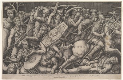 Römische Soldaten kämpfen gegen Daker, Kampfszene in geringer Tiefe mit Pferden und Reitern, 1553 von Nicolas Beatrizet