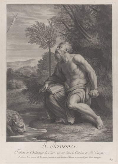 Heiliger Hieronymus sitzt unter einem Baum und schaut auf ein Kruzifix, ein Löwe trinkt Wasser aus einem Bach..., 1728 von Nicolas Chateau