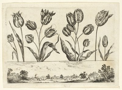 Blumen und Jagdszene, aus Livre Nouveau de Fleurs... von Nicolas Cochin