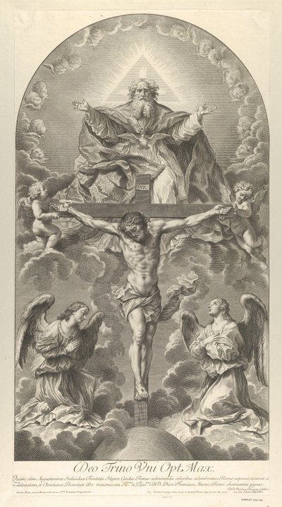 Die Heilige Dreifaltigkeit, Christus am Kreuz flankiert von zwei Engeln, der Heilige Geist als Taube, 1702 von Nicolas Dorigny