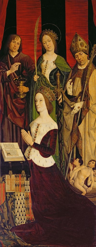 Triptychon von Moses und dem brennenden Dornbusch, rechte Tafel zeigt Jeanne de Laval (gest. 1498) mit St. Johannes, St. Katharina und St. Nikolaus, um 1476 von Nicolas Froment