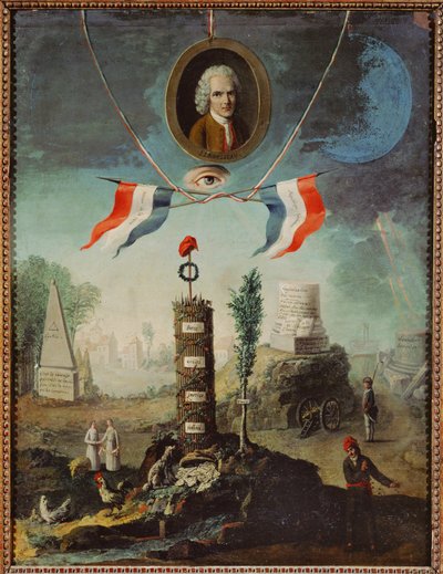 Allegorie der Französischen Revolution mit einem Porträt von Jean-Jacques Rousseau und einer jakobinischen phrygischen Mütze von Nicolas Henri Jeaurat de Bertry