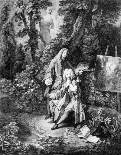 Maler Jean Antoine Watteau (1684-1721) und sein Freund Jean De Jullienne (1686-1766), Gravur von Nicolas Henri Tardieu von Nicolas Henri Tardieu
