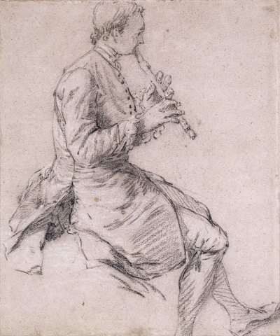 Ein sitzender Mann, der Flöte spielt, im Profil nach rechts von Nicolas Lancret