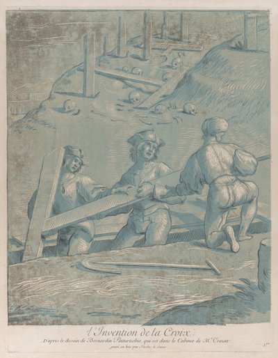 Die Erfindung des Kreuzes, drei Männer heben ein Kreuz aus einem Graben von Nicolas Le Sueur