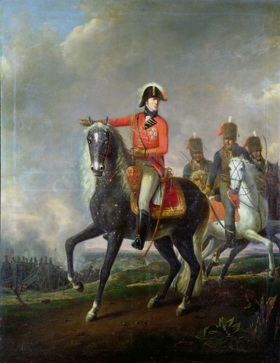 Reiterporträt des Herzogs von Wellington mit britischen Husaren auf einem Schlachtfeld, 1814 von Nicolas Louis Albert Delerive
