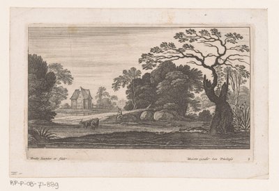 Hirte mit zwei Kühen am Wasser von Nicolas Perelle
