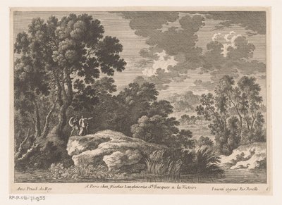 Landschaft mit Mann, Frau und Kind auf Felsen bei einem Teich von Nicolas Perelle