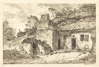 Ein Cottage mit zwei Männern, die am Eingang sitzen von Nicolas Perignon