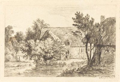 Ein Haus und ein schattiges Häuschen am Ufer eines Flusses von Nicolas Perignon