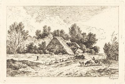 Ein niedriges Häuschen mit einem Hirten, der seine Herde führt von Nicolas Perignon