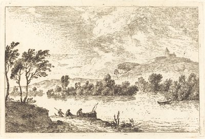 Flusslandschaft mit Figuren und einem Boot am Ufer von Nicolas Perignon