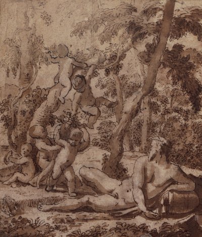 Eine bewaldete Landschaft mit einem Flussgott und Putti von Nicolas Poussin