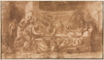 Letzte Ölung (recto), Drei Köpfe und andere Skizzen (verso) von Nicolas Poussin