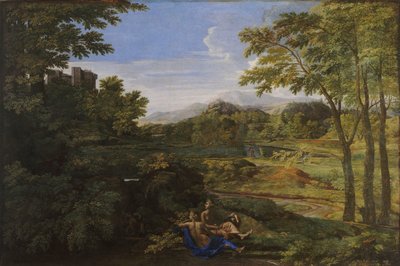Landschaft mit zwei Nymphen und einer Schlange von Nicolas Poussin