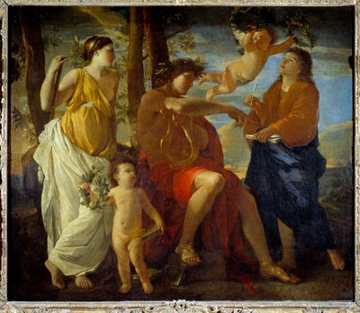 Die Inspiration des Dichters Ein Dichter, eine Lyra in der Hand und mit einem Lorbeerkranz gekrönt, umgeben von Musen und Putti. Gemälde von Nicolas Poussin von Nicolas Poussin