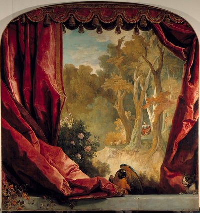 Dekorative Komposition mit Vorhängen, Landschaft und Tieren von Nicolas de Largillière