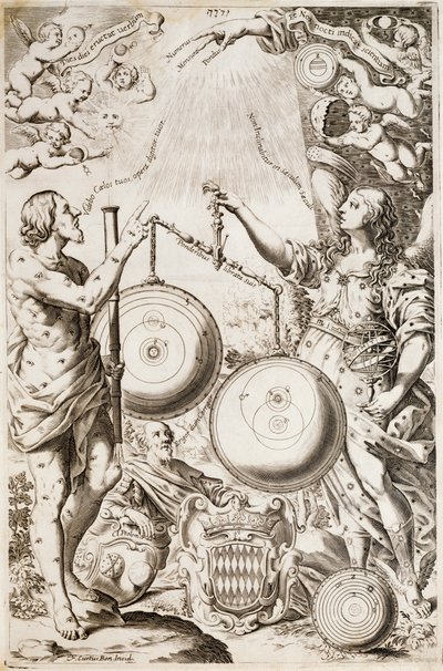 Tolomeo, sitzend zwischen Allegorien von Argo und Astrea, betrachtet Diagramme von Kosmologien, gezeichnet von Kopernikus und Riccioli, Illustration aus Giovanni Battista Ricciolis Abhandlung über die Geschichte der Astronomie Almagestum Novum, Bologna von Nicolaus (after) Copernicus