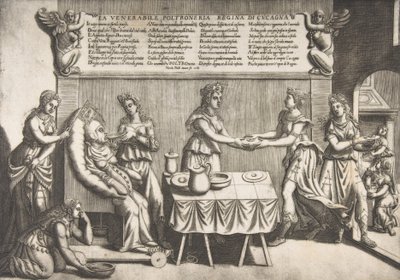 Verehrte Faulheit, Königin von Schlaraffenland, eine dicke Frau auf einem beweglichen Toilettenstuhl, 1565 von Nicolo Nelli