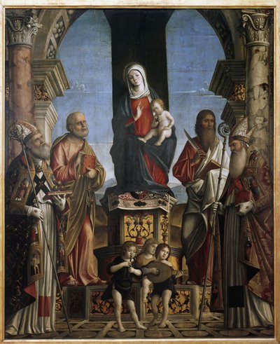 Die Jungfrau und das Kind auf dem Thron mit St. Nikolaus, St. Peter, St. Bartholomäus und St. Augustinus von Nicolo Rondinelli