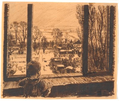 Ein Junge am Fenster mit Blick auf Garten und Feld von Niels Skovgaard