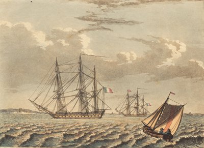 Französische Kriegsschiffe vor Anker und ein kreuzendes Boot von Niels Truslew