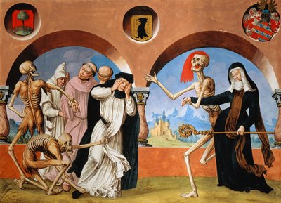 Der Tod, Mönche und Äbtissin aus dem Totentanzzyklus von Albrecht Kauw von Niklaus Manuel
