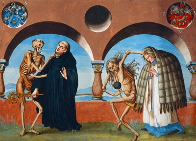 Tod, der Abt und der Kanoniker (der Assistent des Abtes) aus dem Totentanz-Zyklus von Albrecht Kauw von Niklaus Manuel