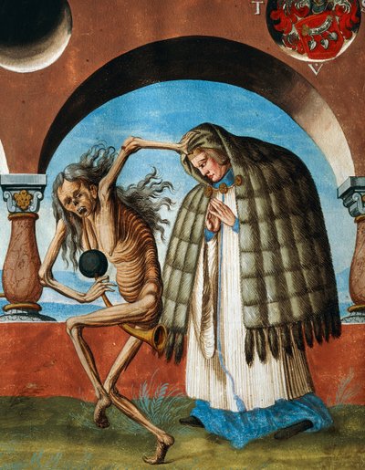 Tod mit dem Kanoniker, Detail von Tod, Abt und Kanoniker (der Assistent des Abtes) aus dem Totentanz-Zyklus von Albrecht Kauw von Niklaus Manuel