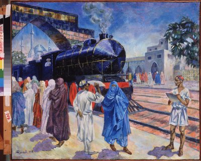 Der erste Zug. An einem Bahnhof in Zentralasien, mit einer Moschee im Hintergrund, Ankunft des Dampfzugs, die Reisenden auf dem Bahnsteig bereiten sich auf das Einsteigen vor, unter den Augen des Eisenbahnangestellten. von Nikolai Afanasyevich Rusakov