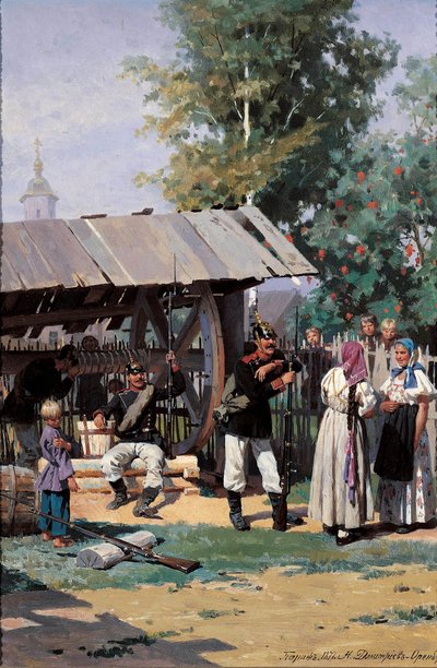Russische Soldaten in einem Dorf, 1877 von Nikolai Dmitrievich Dmitriev Orenburgsky