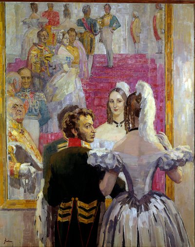 Der russische Dichter Alexander Puschkin (1799-1837) und seine Frau Natalia Gontscharowa beim Ball im Anitschkow-Palast von Nikolai Pavlovich Ulyanov