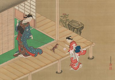 Kurtisane und Begleiterin spielen mit einem Hund, ca. 1716-1736 von Nishikawa Sukenobu