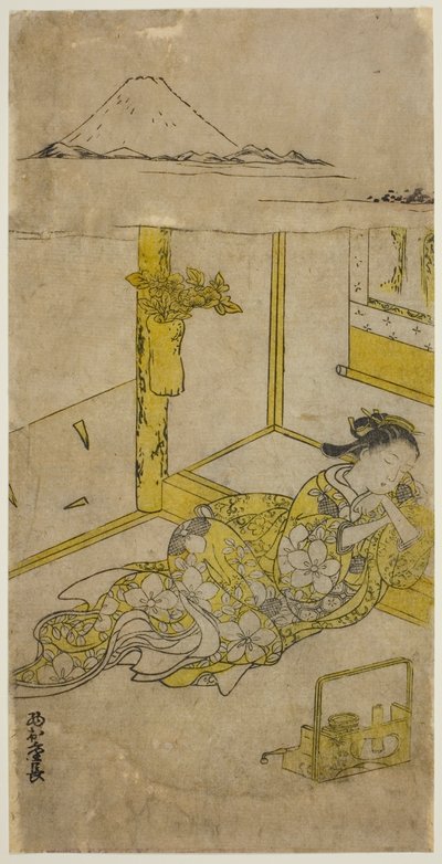 Schlafende junge Frau mit dem Berg Fuji darüber von Nishimura Shigenaga