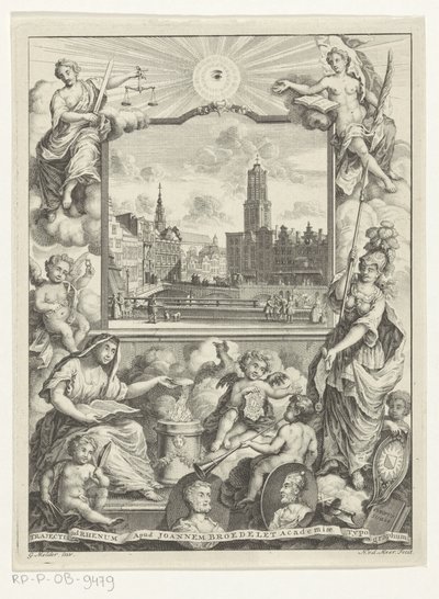 Stadtansicht mit Domkirche in Utrecht und Allegorie mit Utrechter Stadtjungfrau von Noach van der Meer (I)