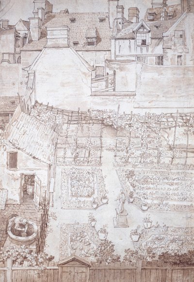 Ein Garten eines Stadthauses, mit Parterres und Weinlaube, umgeben von Gebäuden, um 1677 von Noel Gasselin