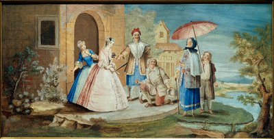 Komödiant und Dramatiker Jean Baptiste Poquelin genannt Molière (ein Knie auf dem Boden) und seine Komödianten in dem Stück „Georges Dandin ou le mari confondu“ 1668 von Noël Coypel