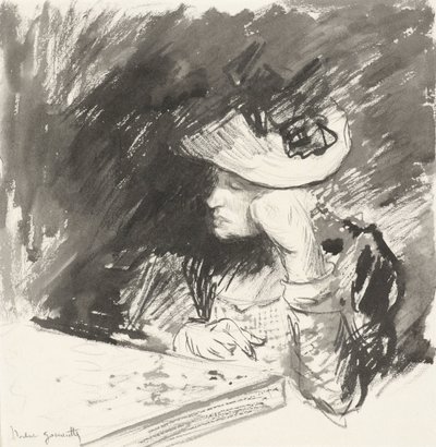 Dame mit Strohhut sitzt nachdenklich an einem Tisch von Norbert Goeneutte