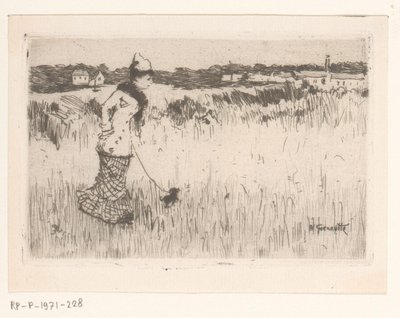Spazierende Dame mit Hund in einer Landschaft von Norbert Goeneutte