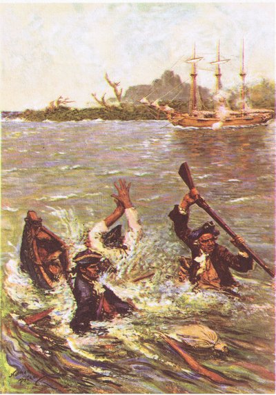 Das Boot sank am Heck in drei Fuß Wasser, aus Die Schatzinsel, veröffentlicht von MacDonald 1947 von Norman Mills Price
