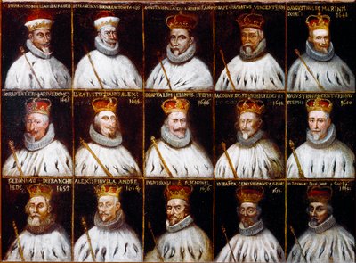 Wappen der Republik Genua und Porträts der Dogen. Giovanni Stefano Doria, Francesco Gio. Brignole Sale, Agostino Pallavicini, Giov.Battista Durazzo, Agostino Giovanni De Marini, Giovan Battista Lercari, Luca Giustiniani, Giovanni Battista L von Northern Italian School