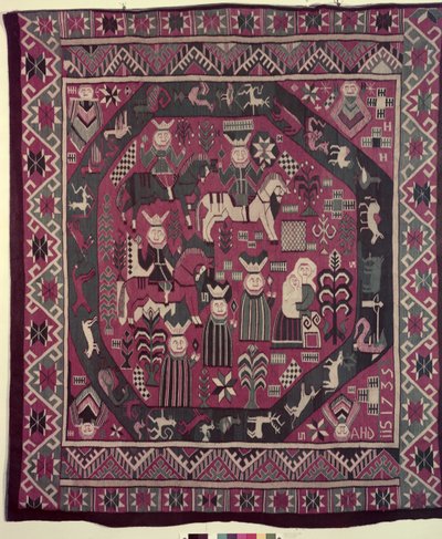 Teppich mit Rittern, einer Mutter mit ihrem Kind und verschiedenen anderen Figuren, 1735 von Norwegian School