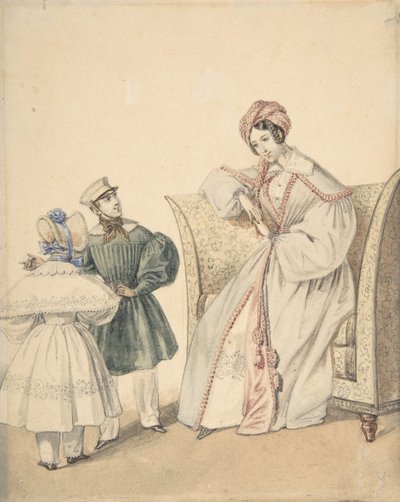 Modezeichnung mit einer Frau, die auf einem Stuhl sitzt, mit einem Jungen und einem Mädchen, 19. Jahrhundert von Numa Bassaget