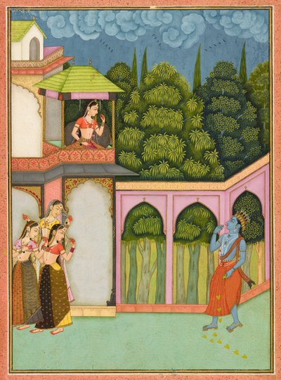 Krishna nähert sich Radha, Folio aus einem Rasikpriya, datiert 1690 von Nuruddin
