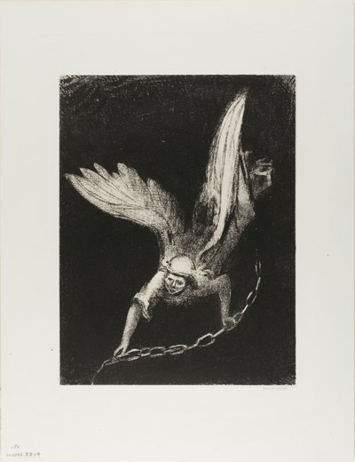 Und ich sah einen Engel vom Himmel herabsteigen, der den Schlüssel zum Abgrund und eine große Kette in seiner Hand hatte, Platte 8 von 12 von Odilon Redon