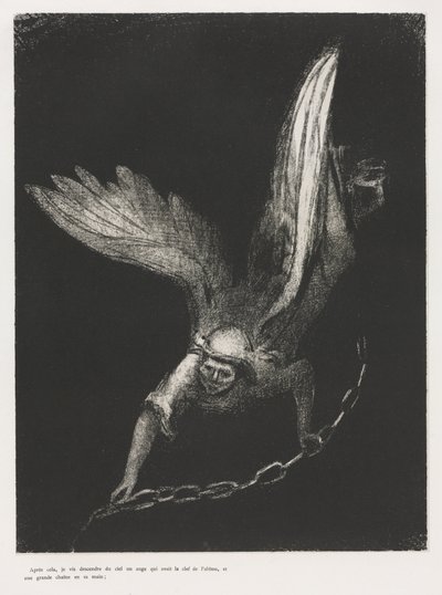 Und ich sah einen Engel vom Himmel herabkommen, der den Schlüssel zum Abgrund und eine große Kette in seiner Hand hatte von Odilon Redon